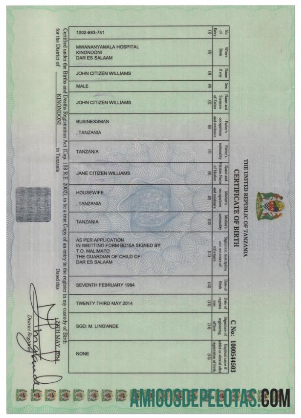 Certidão de nascimento da TANZÂNIA, versão 2 baixar para verificação